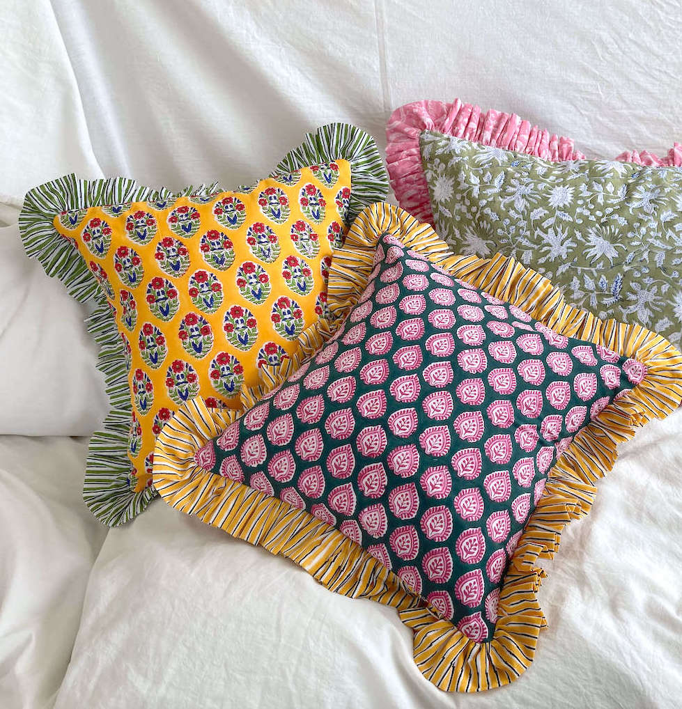 【custom order】Block print fabric  Ruffle Cushion Cover #sq