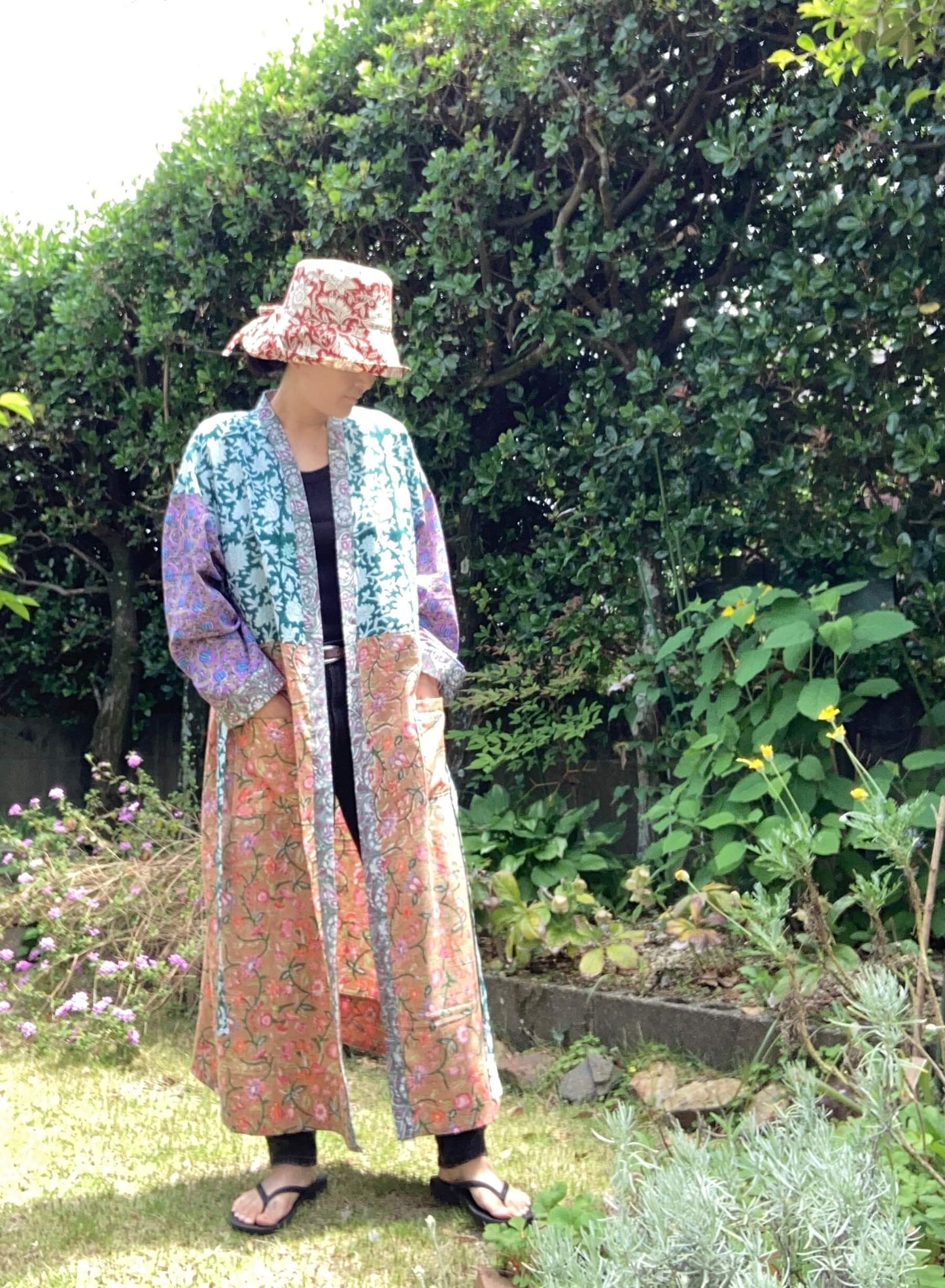Hand Block Printed Fabric Color Block Long Kimono #shima-instock