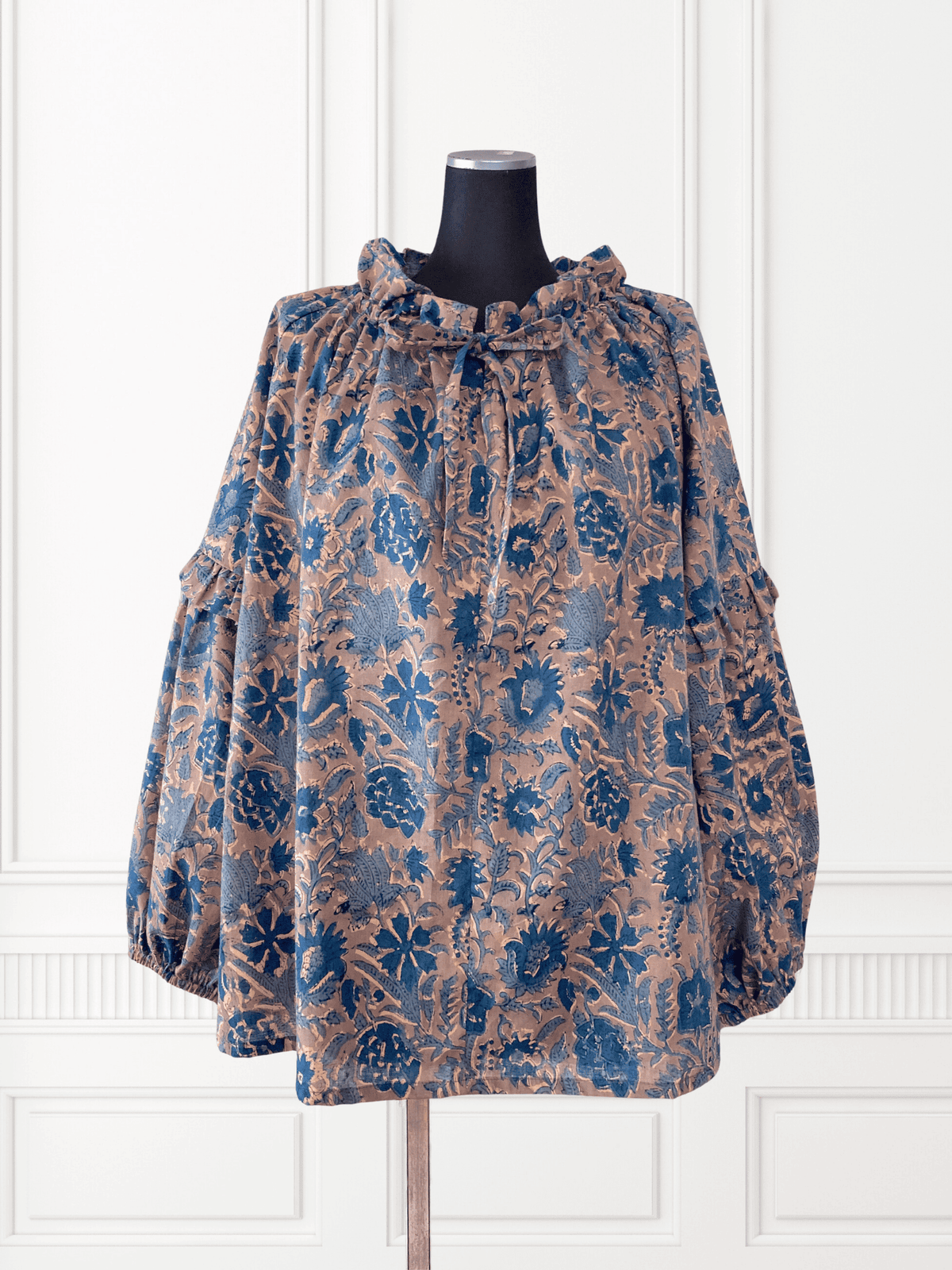 【custom order】 Hand Block Print Band Collar Split Neck Dress - Blouse #Bella