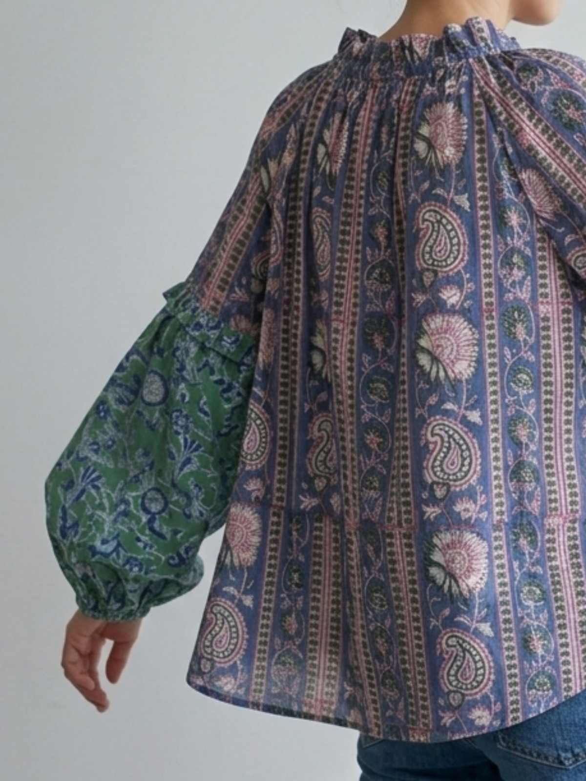【custom order】 Hand Block Print Band Collar Split Neck Dress - Blouse #Bella