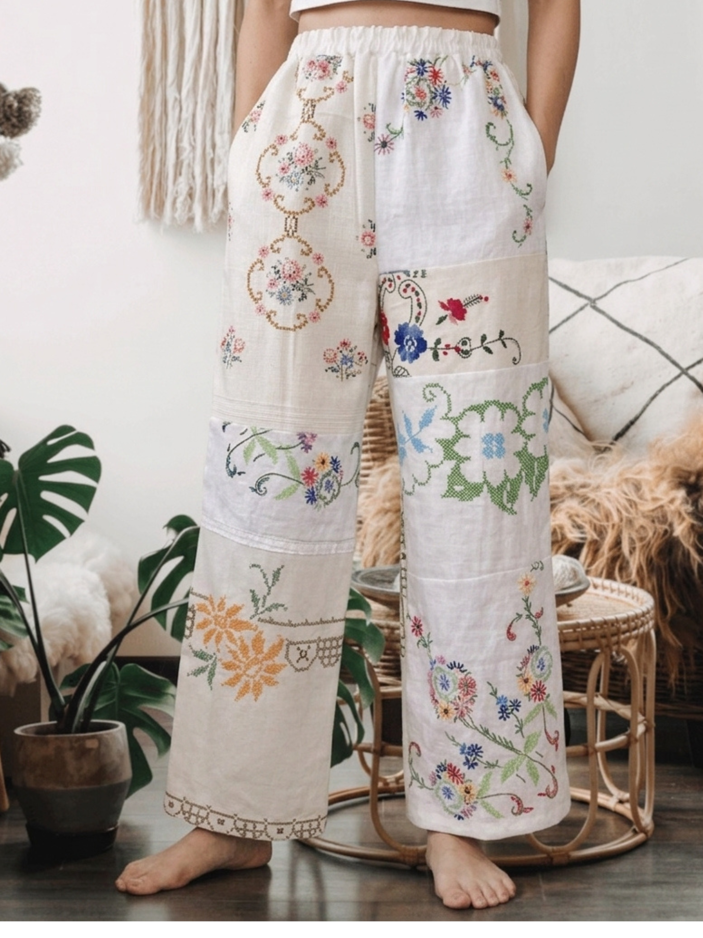 Upcycled Vintage Patchwork Embroidered Pants, One of a Kind Wide Leg Trousers