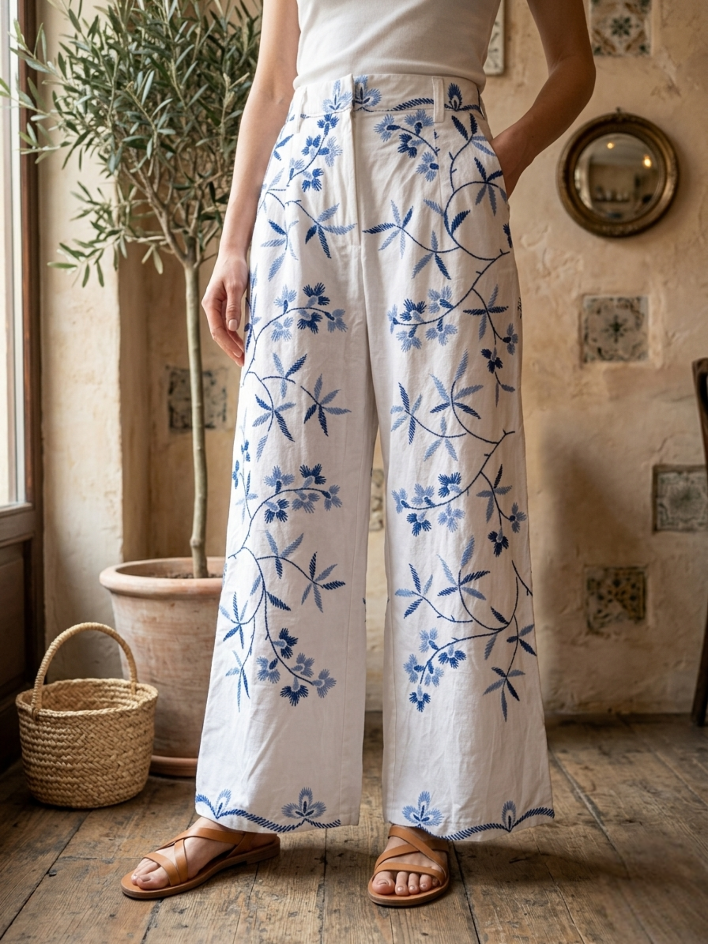 ヴィンテージ リメイク ブルー系 刺繍 コットン生地 ワイドパンツ