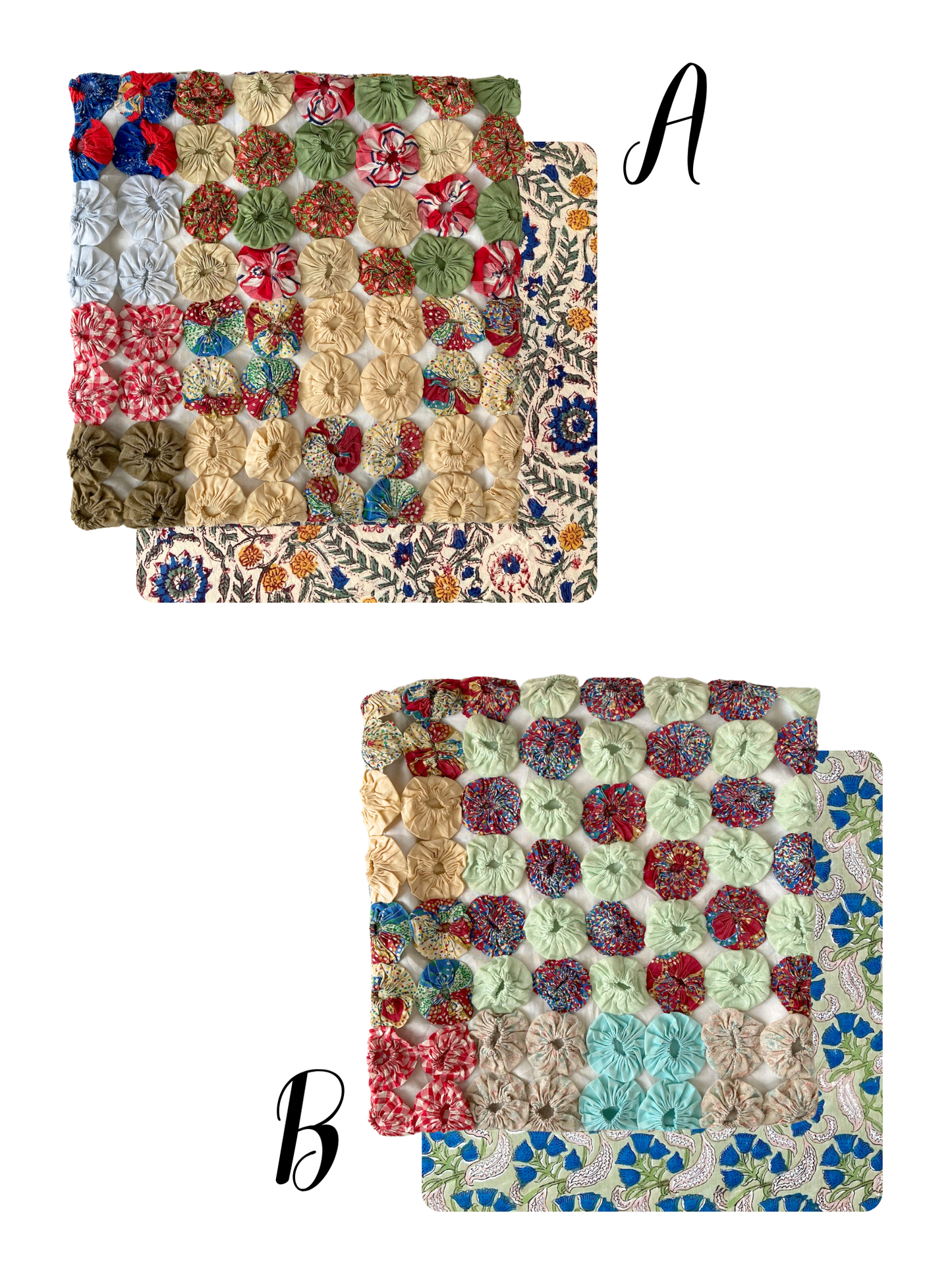 Vintage Yo Yo Quilt Cushion Cover Handmade Cotton Block Print Pillow 40x40cm