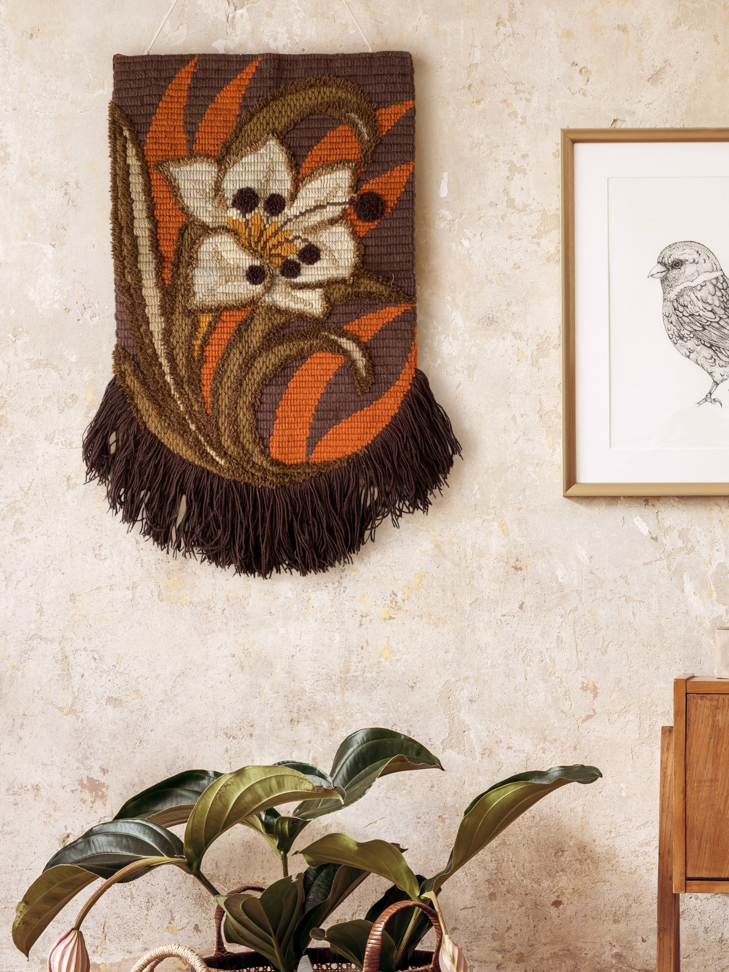 Bohemian Floral Wool Wall Hanging – Vintage Latch Hook Tapestry