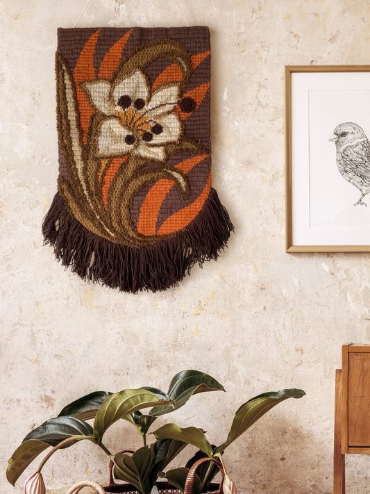 Bohemian Floral Wool Wall Hanging – Vintage Latch Hook Tapestry