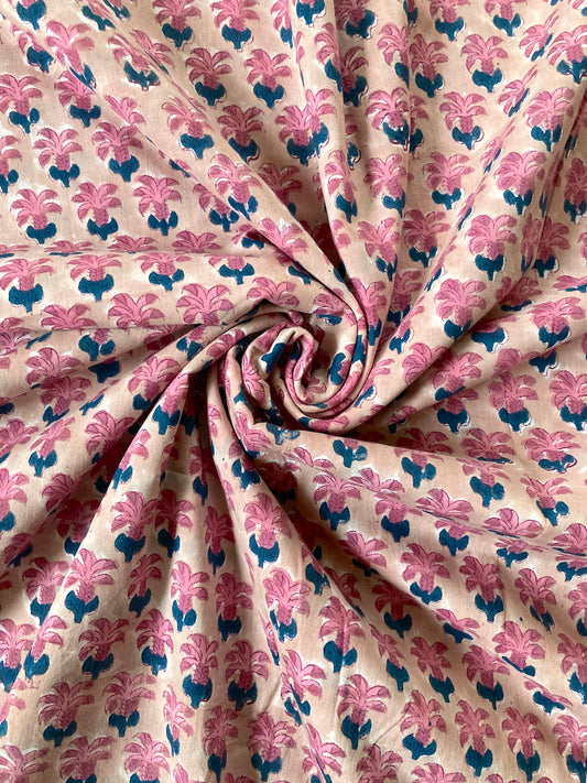 Beige x Pink Hand Block Printed Cotton Fabric #153-5