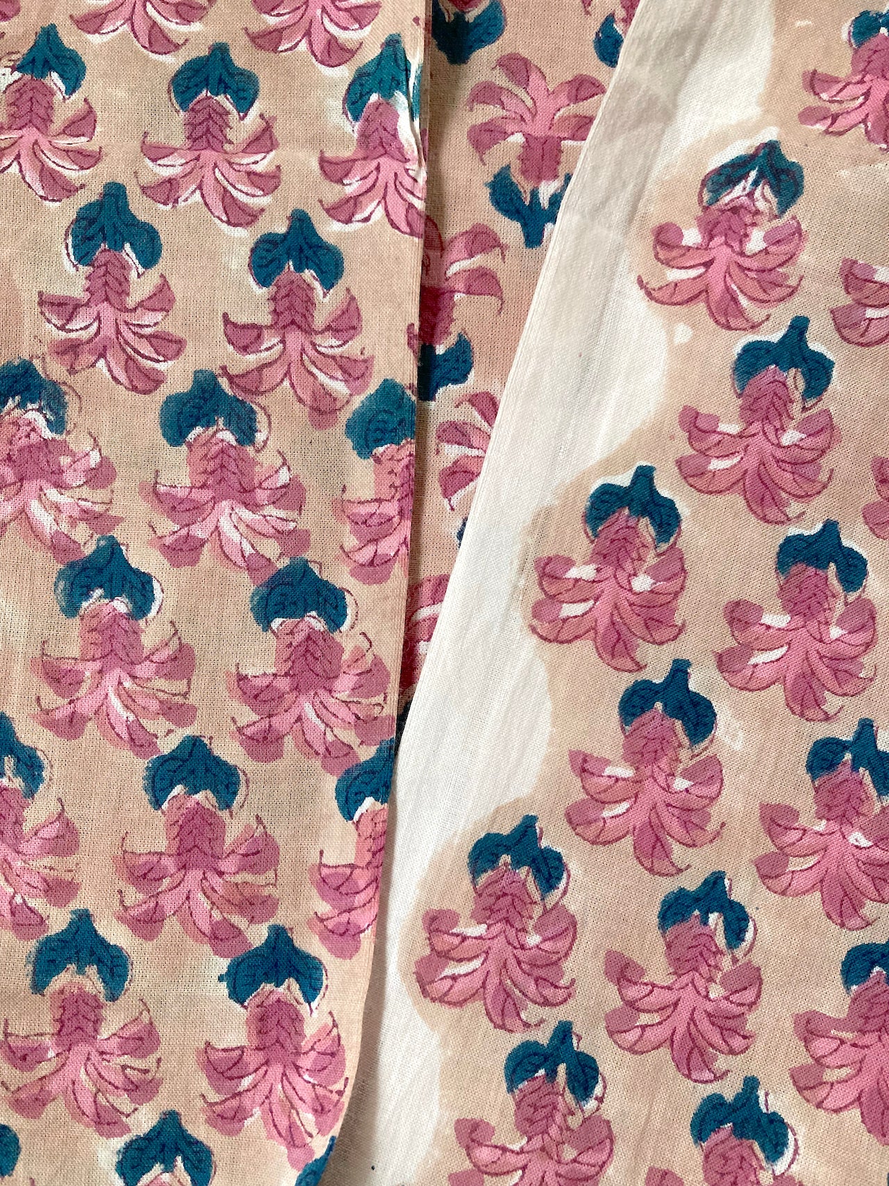 Beige x Pink Hand Block Printed Cotton Fabric #153-5