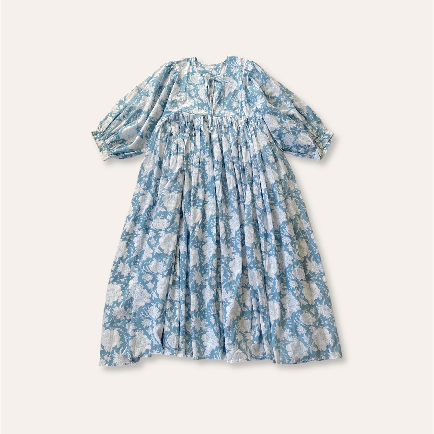 Hand Block Printed Cotton Maxi Dress  Light Blue
