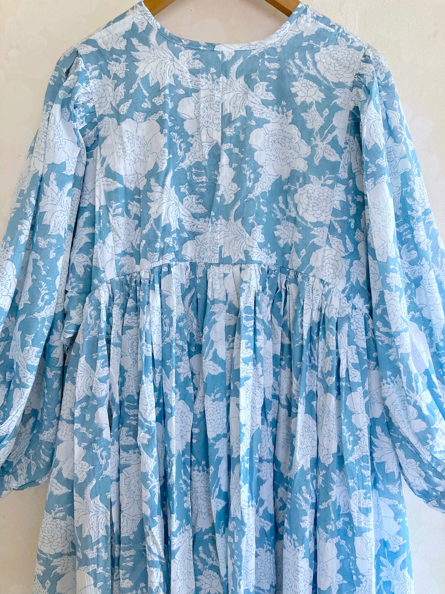 Hand Block Printed Cotton Maxi Dress  Light Blue