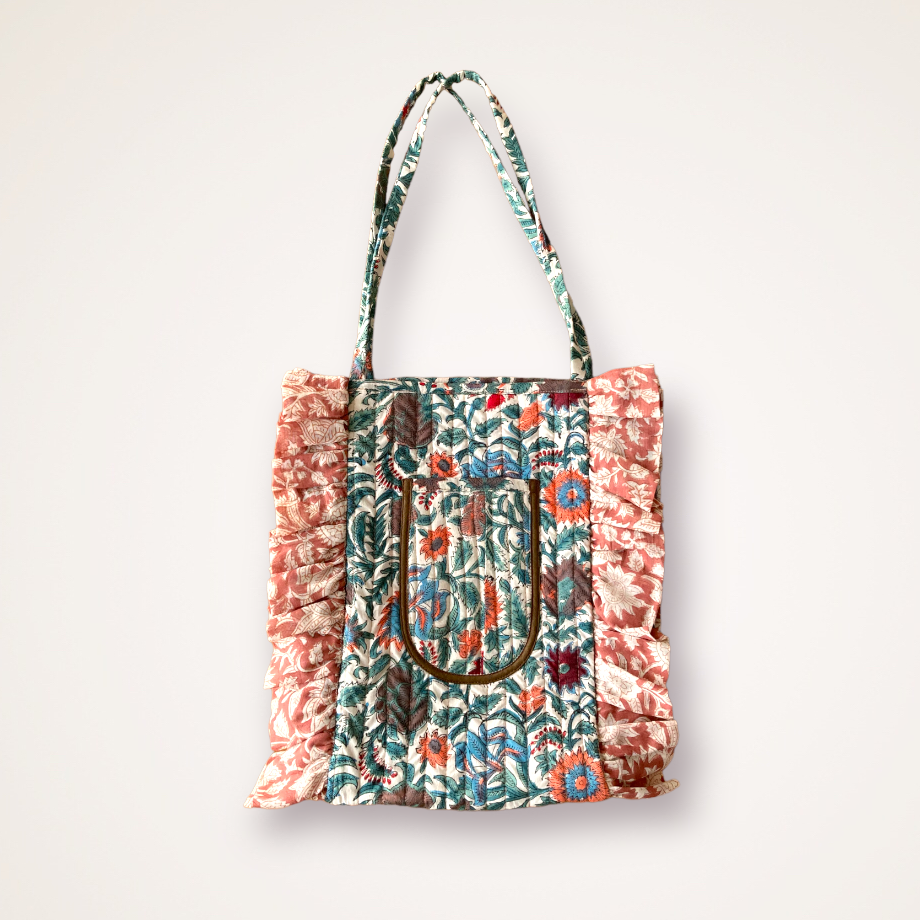 Hand Block Printed Fabric Quilted Ruffle Shoulder Bag