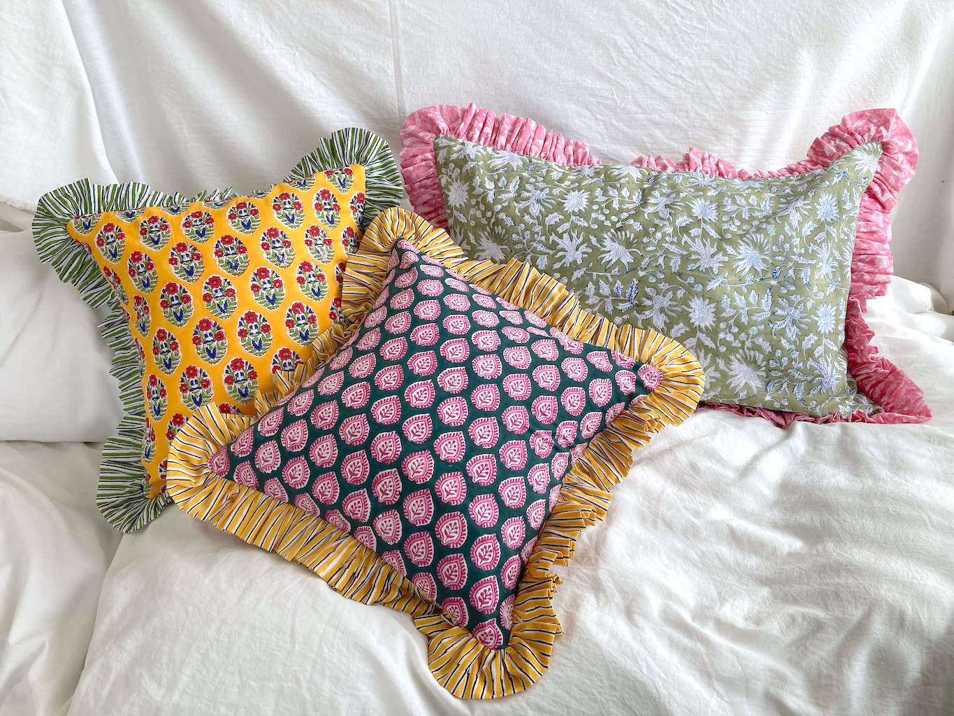 【custom order】インド綿ハンドブロックプリント フリルピローカバー Ruffle Pillow #rec