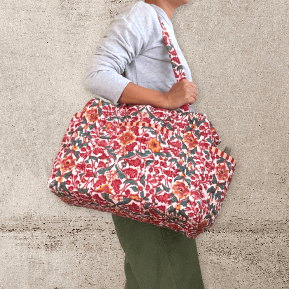 Hand Block Print Fabric Quilted Travel Bag Weekend Bag